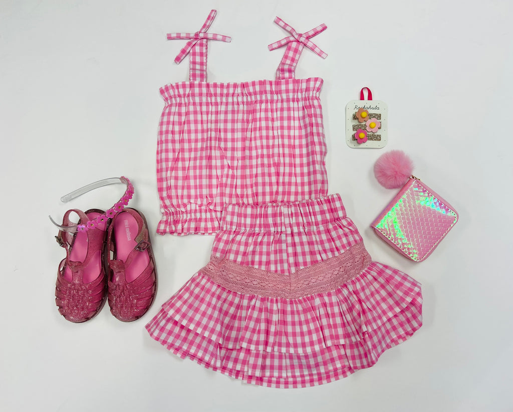 Pink Gingham Top & Skirt Set