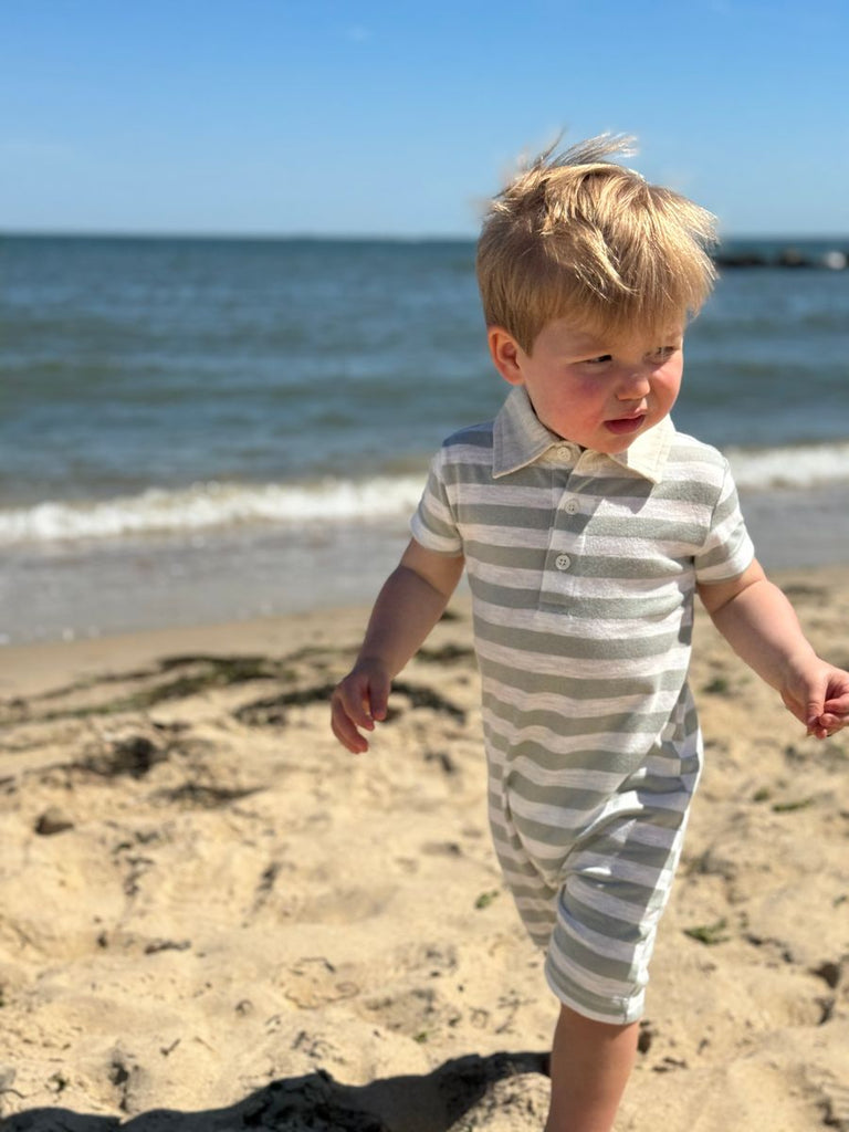 Grey & White Stripe Saltash Polo Romper