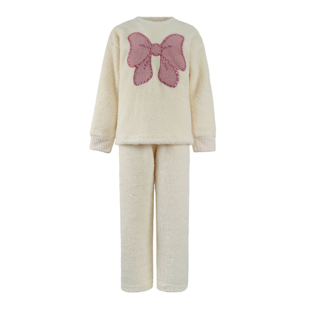 Ivory with Pink Crystal Bow Fuzzy Jogger Set
