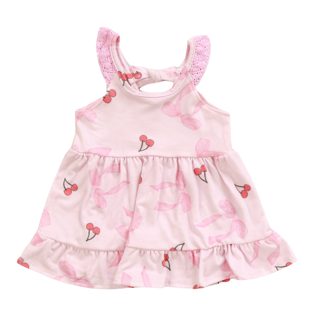 Pink Tiered Bows & Cherry Dress w/Crochet Sleeves