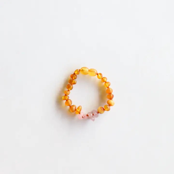 Raw Honey Baltic Amber & Raw Rose Quartz Bracelet 5"