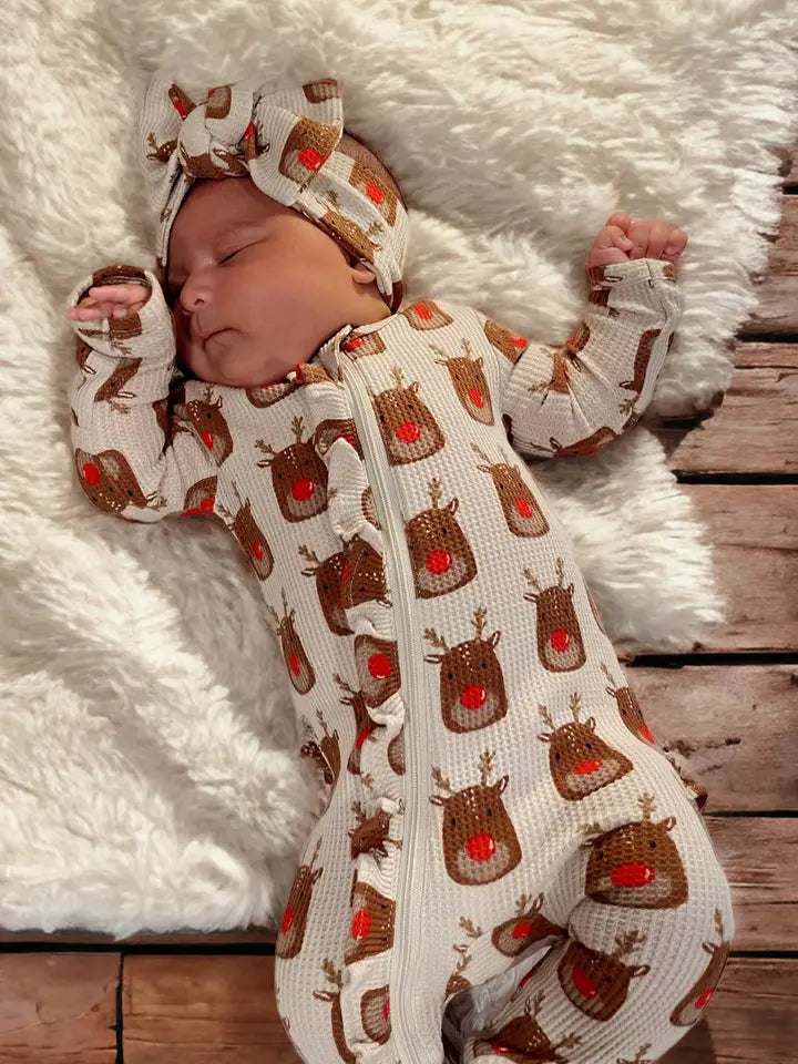 Organic Ruffle Footie/Reindeer