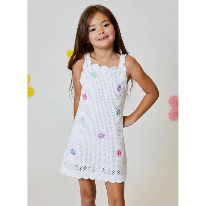 Crochet White Dress Multi Color Daisies