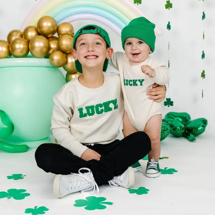 Lucky Varsity Patch St. Patrick's Day Sweatshirt Natural