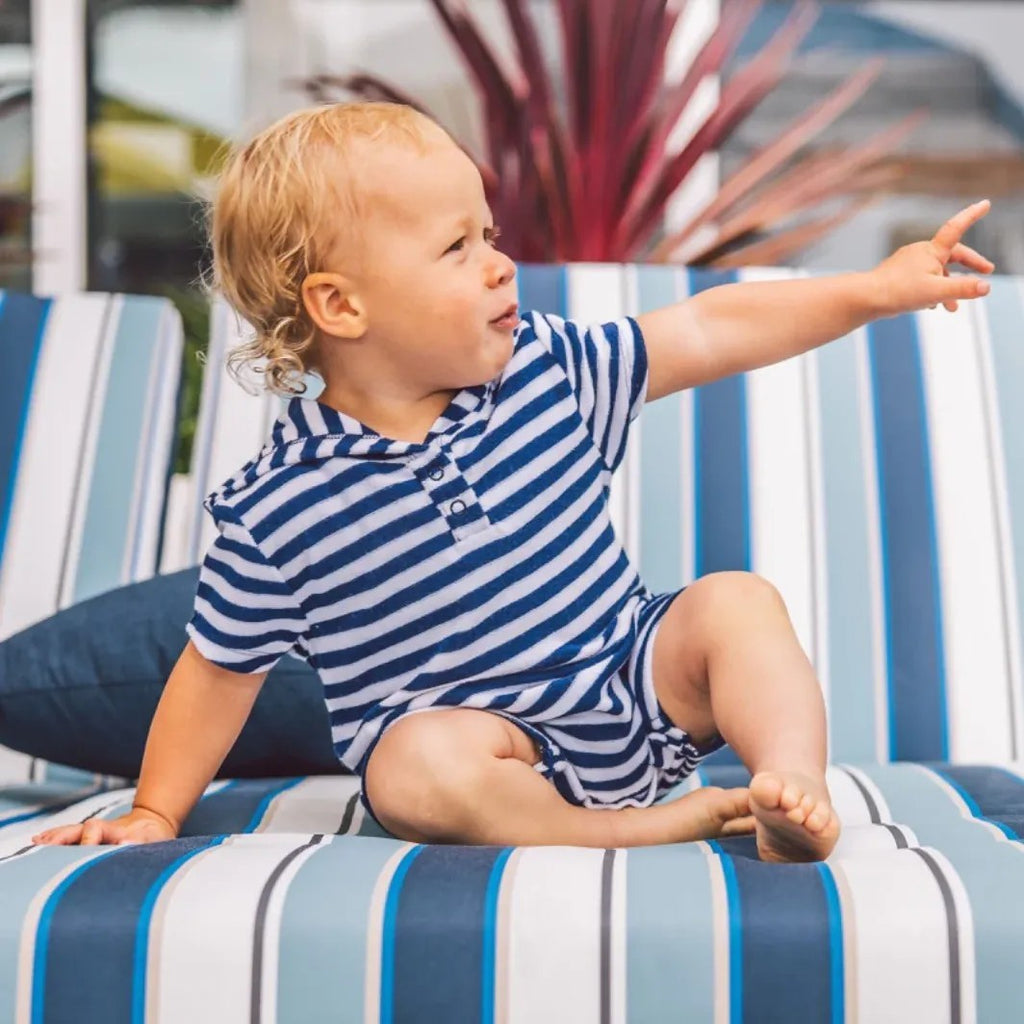 Navy & White Stripe Finn Baby Hooded Romper