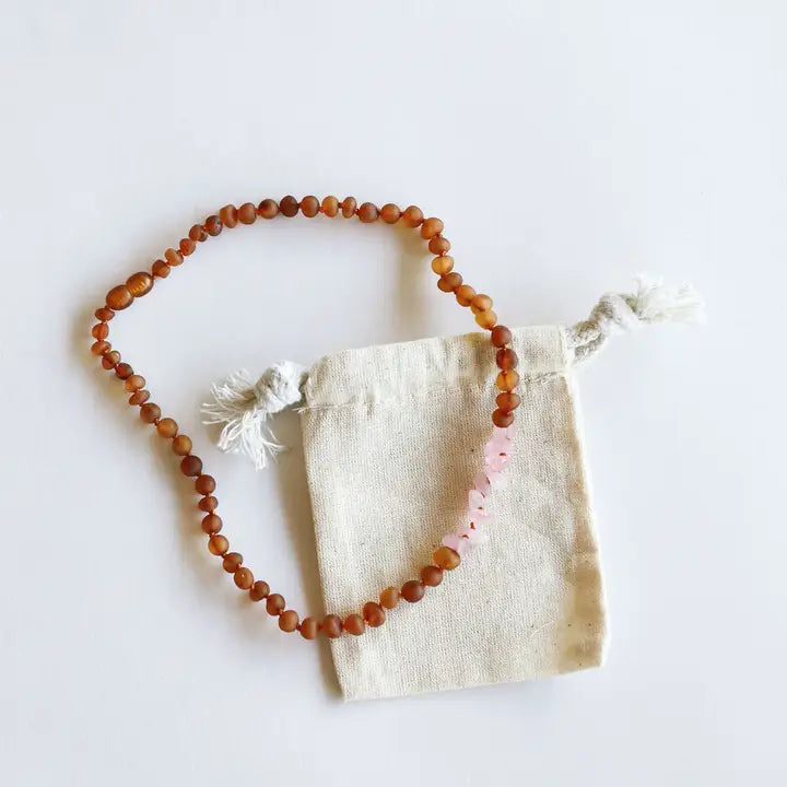 Raw Cognac Baltic Amber & Rose Quartz Teething Necklace