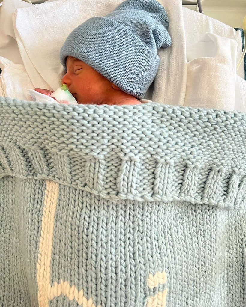 Hi. Hand Knit Baby Blanket Surf Blue