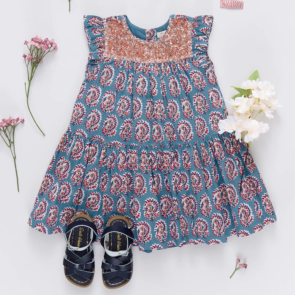 Blue Paisley Fiona Ruffle Dress