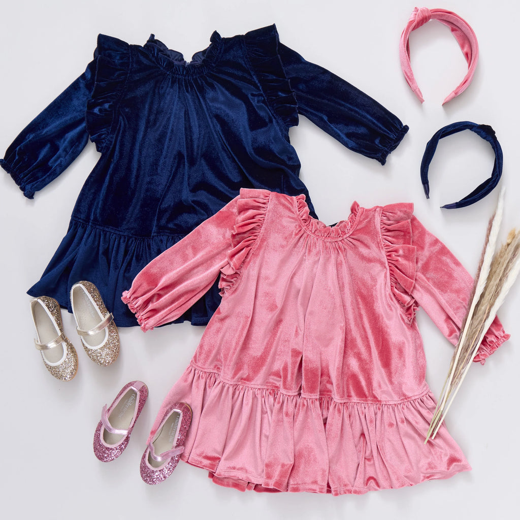 Girls Navy Velour Harper Dress