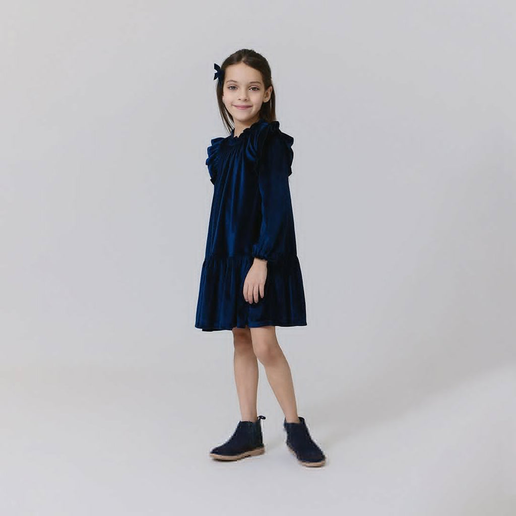 Girls Navy Velour Harper Dress
