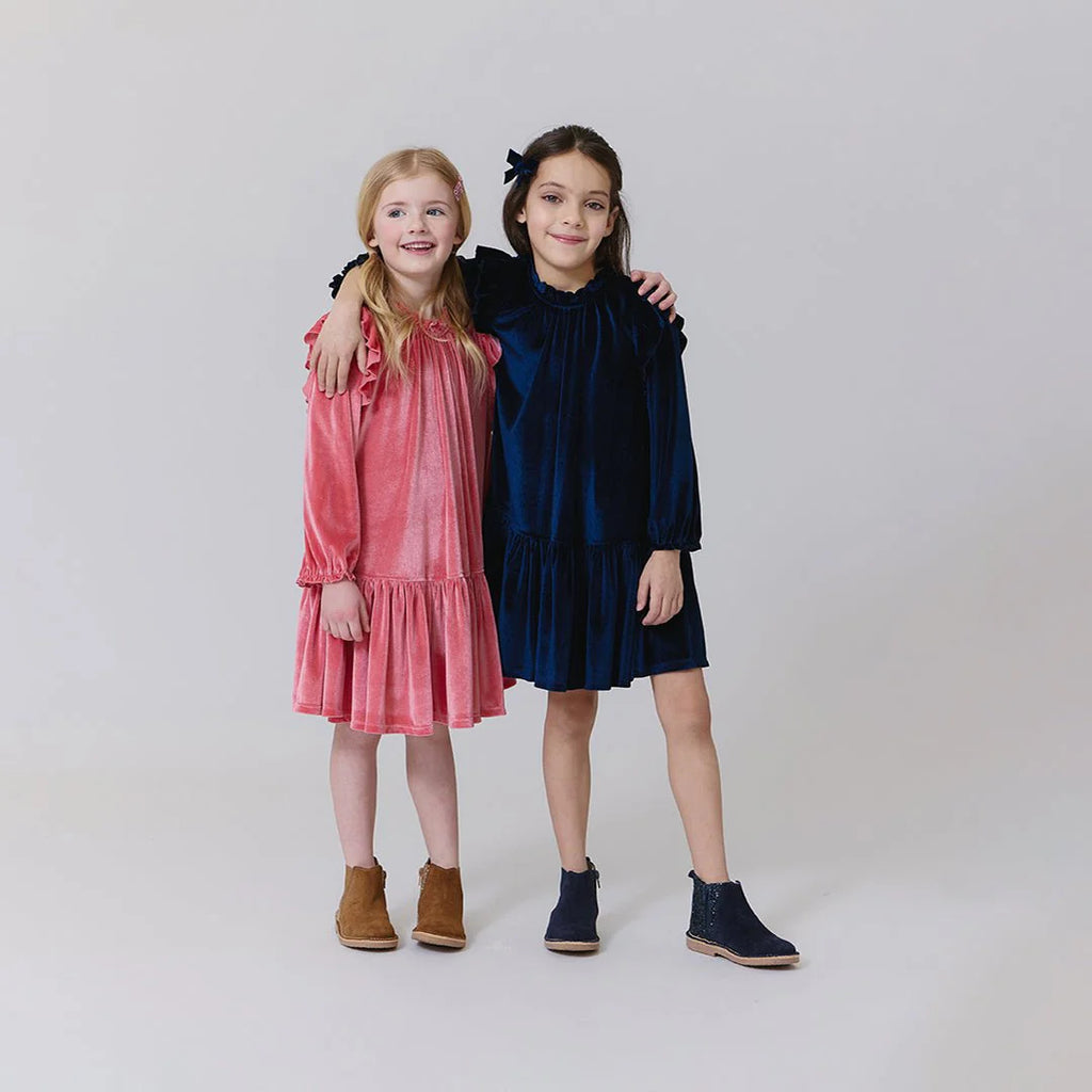 Girls Navy Velour Harper Dress