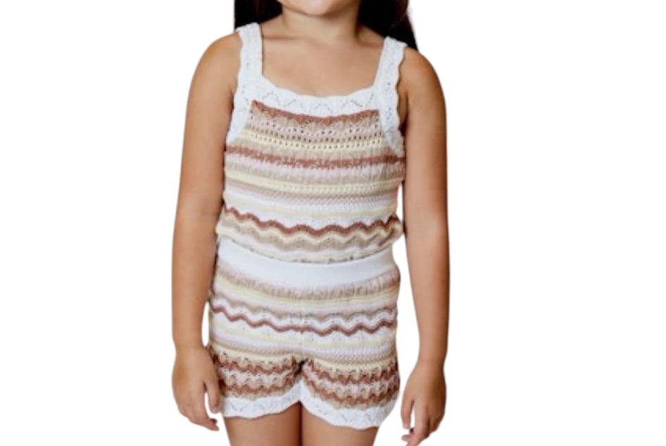 Crochet Pink & Tan Hues Stripe Short Set