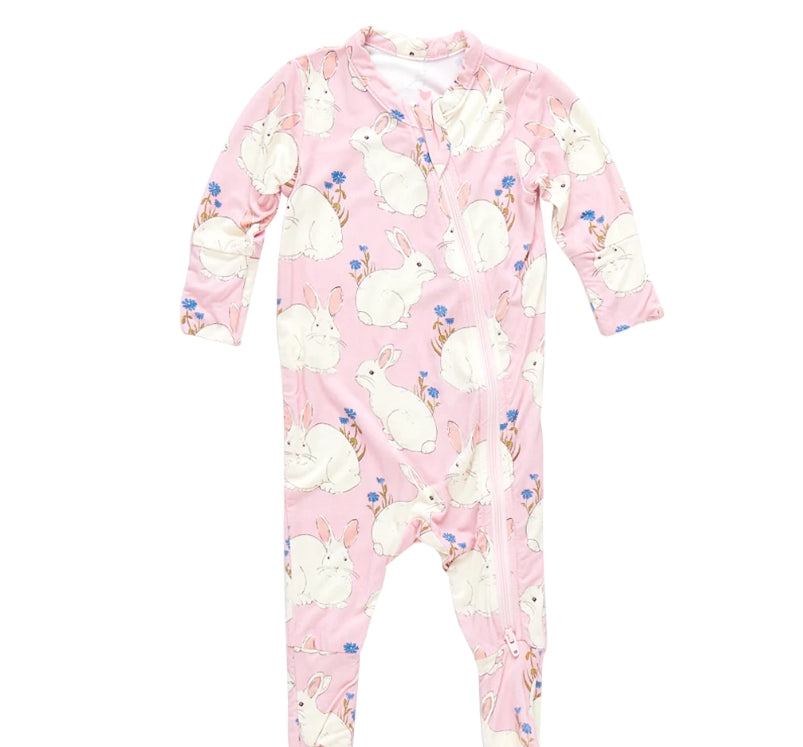 Pink Bunnies Zip Up Footie Romper