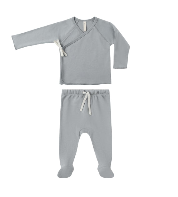 WRAP TOP + FOOTED PANT SET || STEEL BLUE