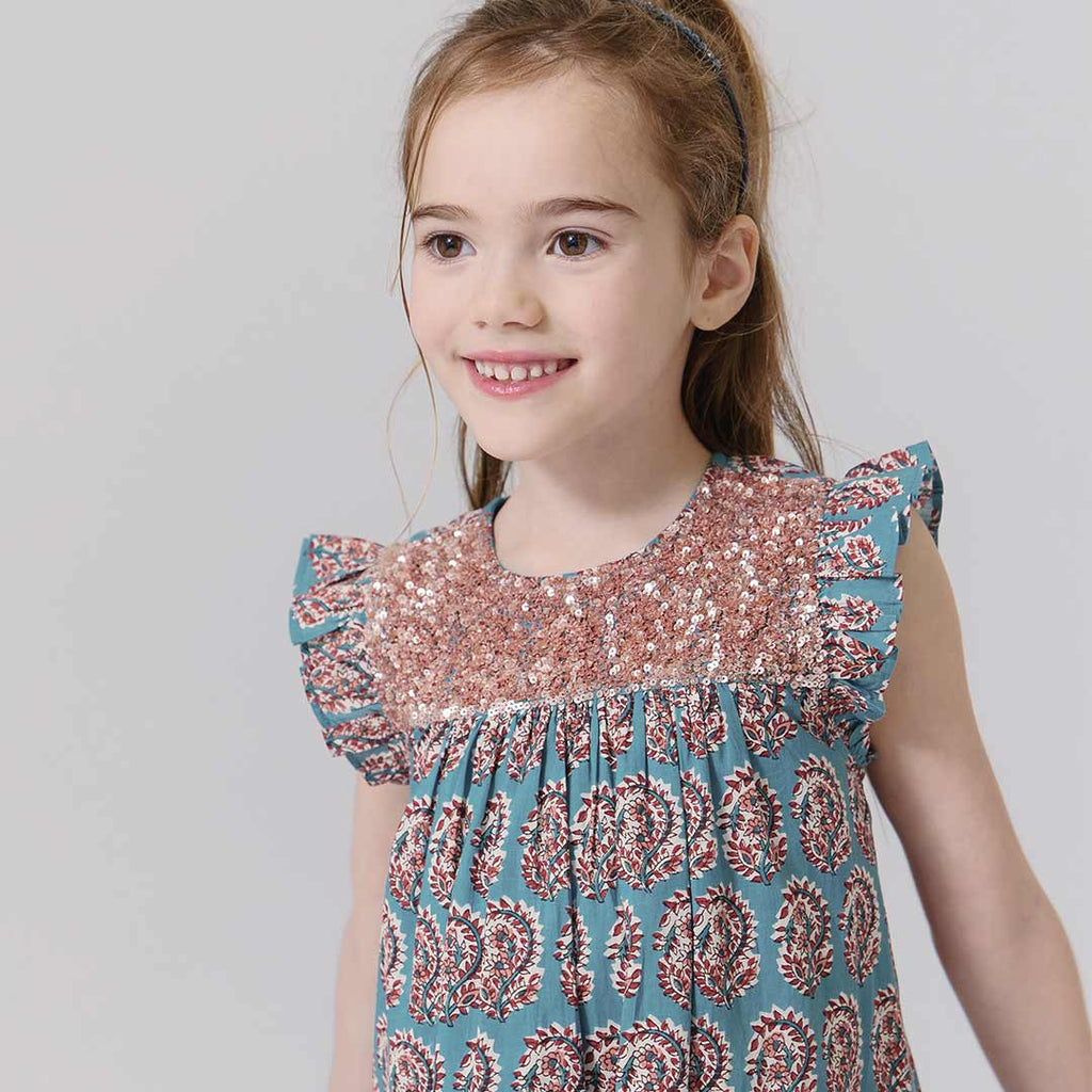 Blue Paisley Fiona Ruffle Dress