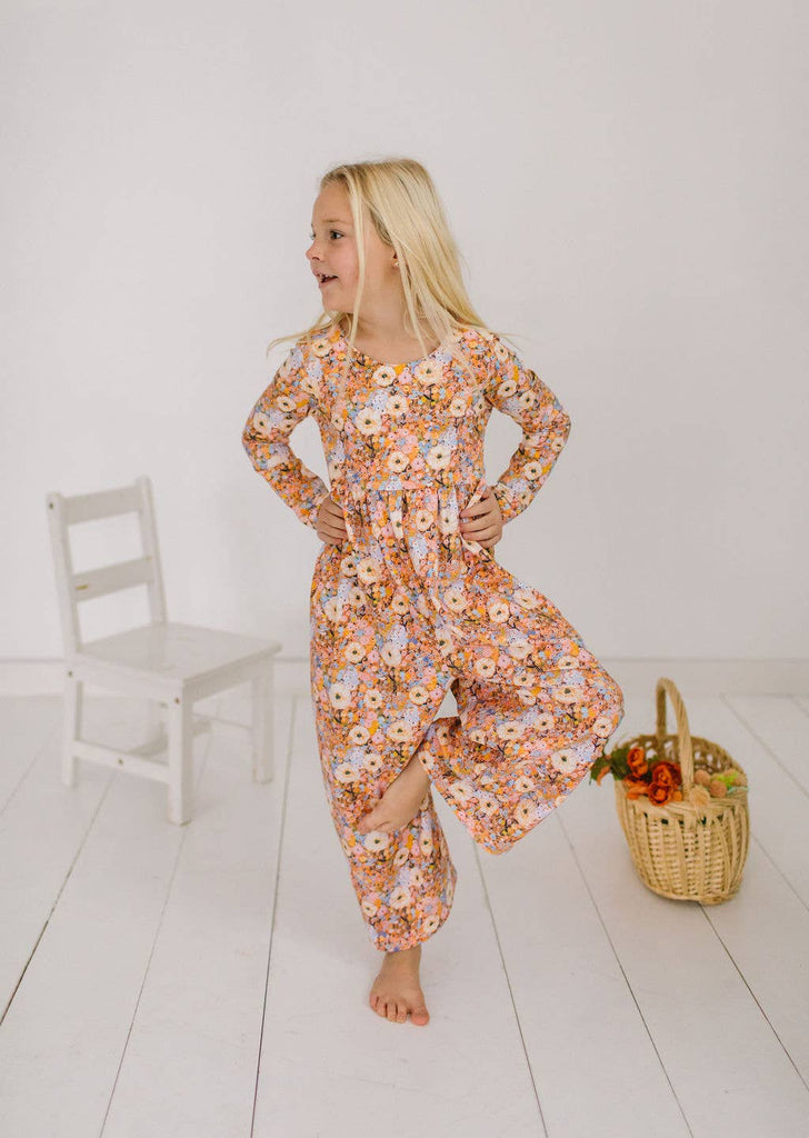 Long Sleeve Leggy Romper in Pumpkin Bouquet
