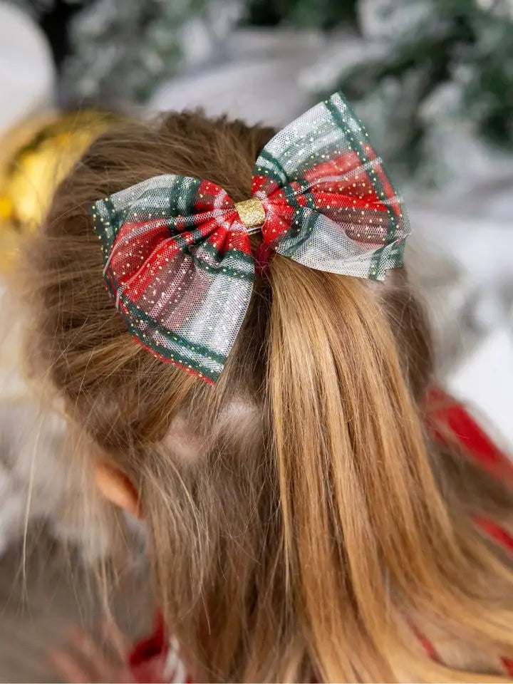 Christmas Plaid Tulle Bow Clip