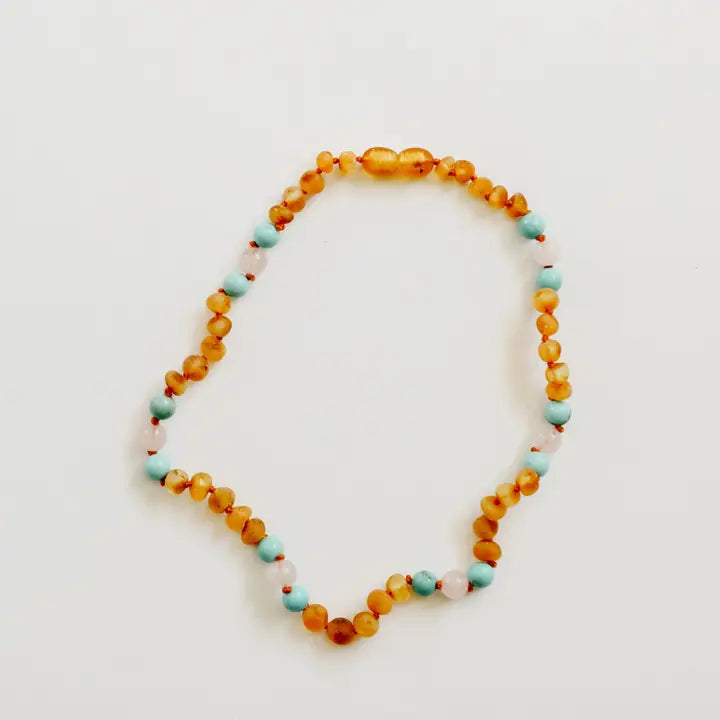 Raw Honey Baltic Amber & Turquoise & Rose Quartz Teething Necklace 13"