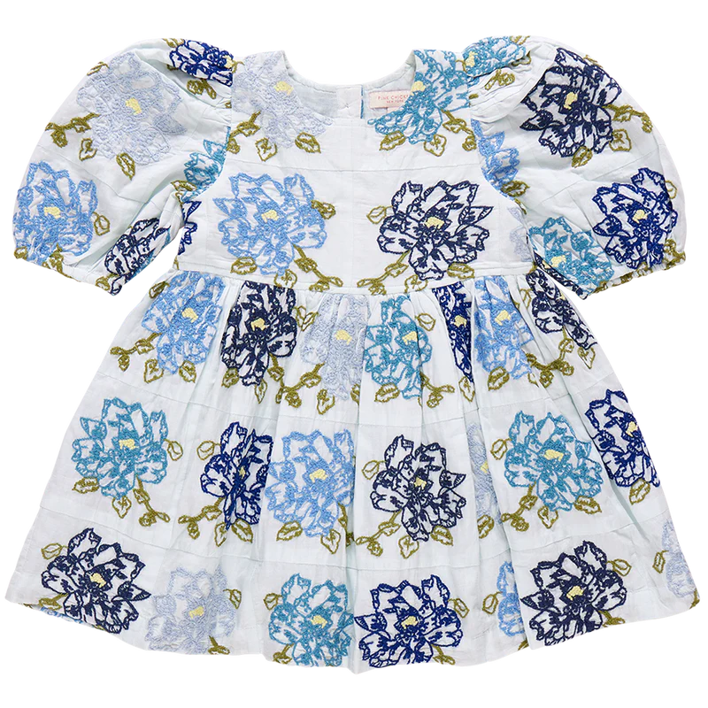 Blue Quilt Flower Embroidered Dress