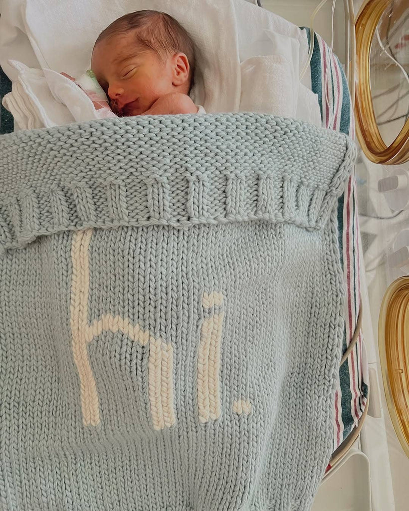 Hi. Hand Knit Baby Blanket Surf Blue