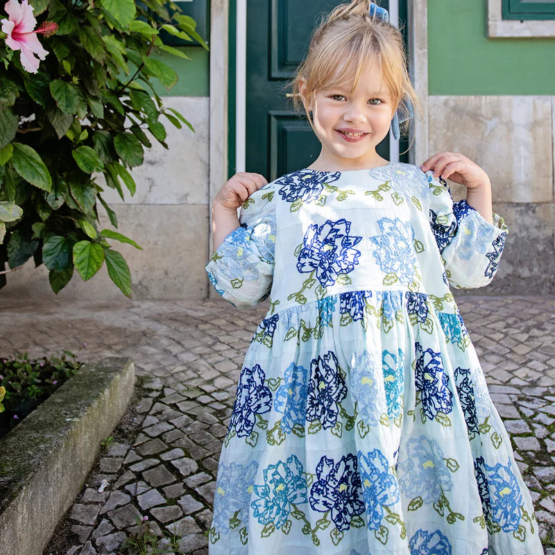 Blue Quilt Flower Embroidered Dress