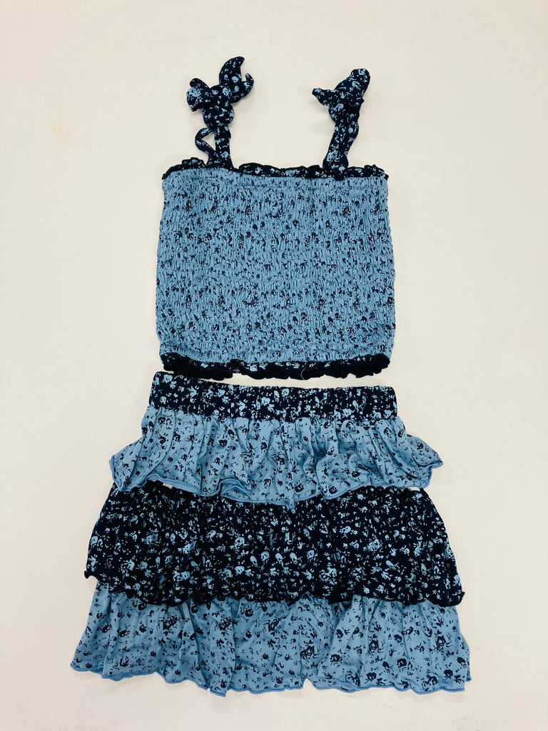 Blue Floral Tiered Skirt Set
